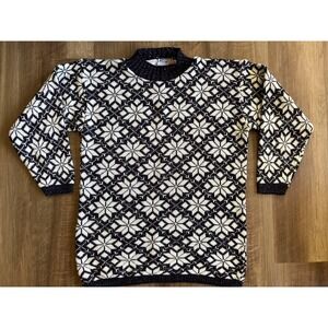 American Pride Sweater Womens Medium Blue White Fair Isle Snowflake Made USA‎